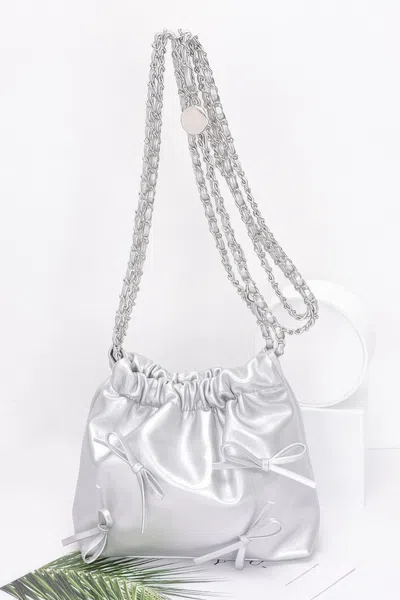 Fashnzfab Faux Leather Multi Ribbon Bucket Chaincrossbodybag In Silver