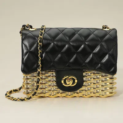 Fashnzfab Faux Leather Quilted Flap Metal Woven Handbag In Gold
