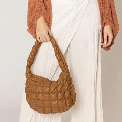 Fashnzfab Faux Leather Quilted Puffer Shoulder Cloud Bag In Brown