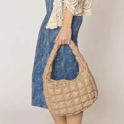 Fashnzfab Faux Leather Quilted Puffer Shoulder Cloud Bag In Sand