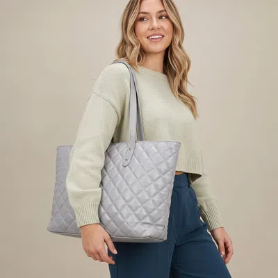 Fashnzfab Faux Leather Quilted Tote Shoulder Bag In Silver