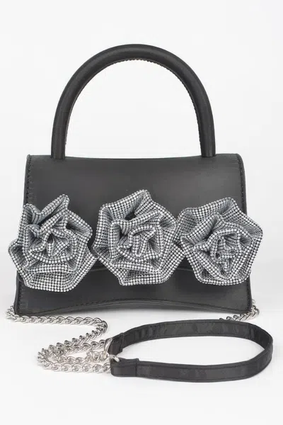 Fashnzfab Faux Leather Rhinestone Hot Fix Flower Bag In Black