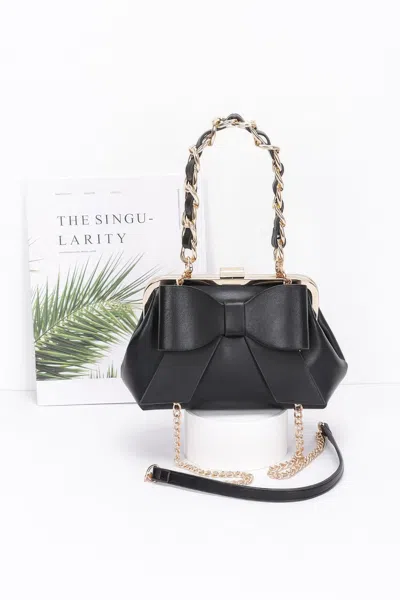 Fashnzfab Faux Leather Ribbon Chain Handle Party Clutch In Black