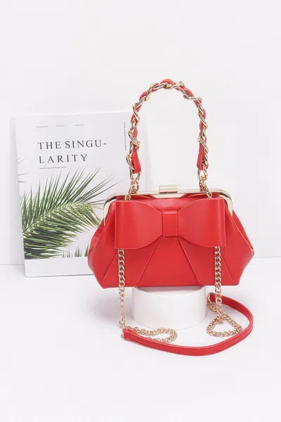 Fashnzfab Faux Leather Ribbon Chain Handle Party Clutch In Red