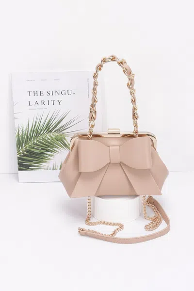 Fashnzfab Faux Leather Ribbon Chain Handle Party Clutch In Sand