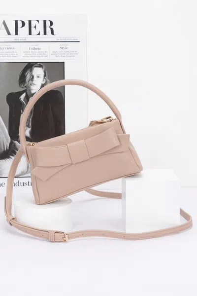 Fashnzfab Faux Leather Ribbon Top Handle Clutch In Sand