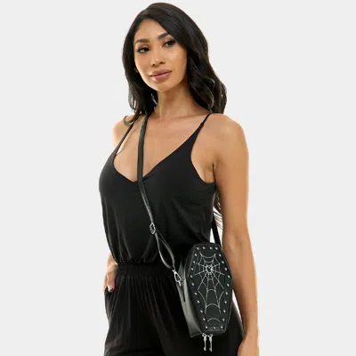 Fashnzfab Faux Leather Spider Web Coffin Crossbody Bag In Black