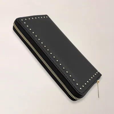 Fashnzfab Faux Leather Stud Detail Zip Around Wristlet Long Wallet In Black
