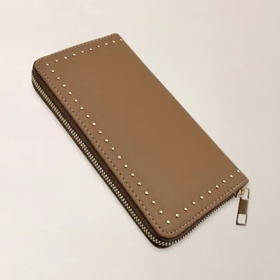 Fashnzfab Faux Leather Stud Detail Zip Around Wristlet Long Wallet In Brown