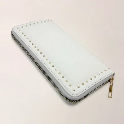 Fashnzfab Faux Leather Stud Detail Zip Around Wristlet Long Wallet In White