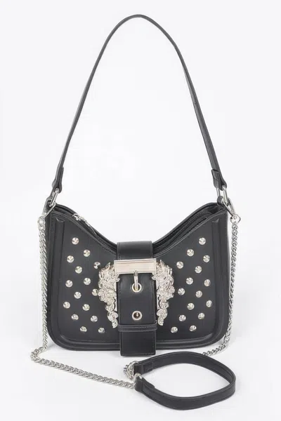 Fashnzfab Faux Leather Studded Metal Buckle Shoulder Bag In Black
