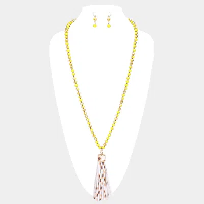Fashnzfab Faux Leather Tassel Faceted Bead Long Necklace In Gold