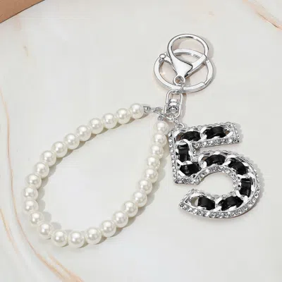 Fashnzfab Faux Leather Threaded Number Five Pearl Beaded Keychain / Bag Charm In Brown