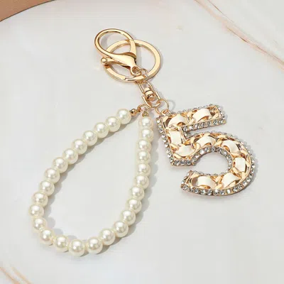 Fashnzfab Faux Leather Threaded Number Five Pearl Beaded Keychain / Bag Charm In Multi