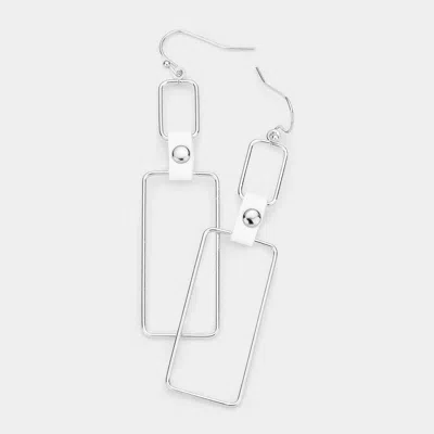 Fashnzfab Faux Leather Tip Textured Open Metal Double Rectangle Earrings - Rhodium, White In Multi