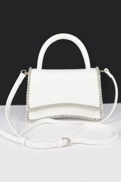 Fashnzfab Faux Leather Top Handle Flap Bag W/rhinestone In White