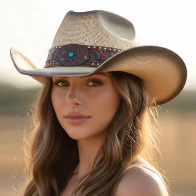 Fashnzfab Faux Leather Turquoise Concho Stud Band Accent Vintage Western Straw Cowboy Hat In Brown
