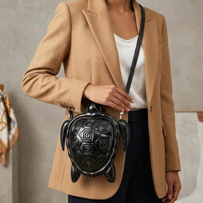 Fashnzfab Faux Leather Turtle Shape Crossbody Handbag In Black