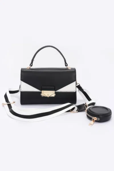 Fashnzfab Faux Leather Two Tone Flap Bag In Black