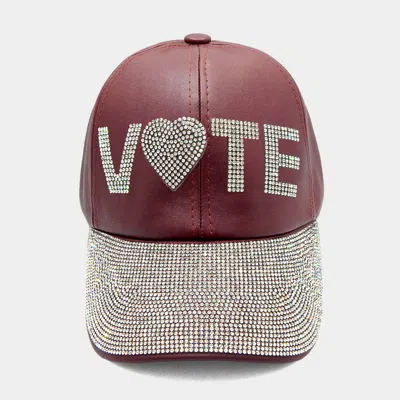 Fashnzfab Faux Leather Vote Message Rhinestone Embellished Baseball Cap In Red