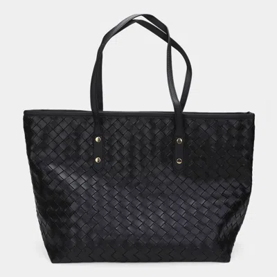 Fashnzfab Faux Leather Weave Tote Bag In Black