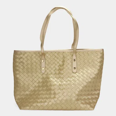 Fashnzfab Faux Leather Weave Tote Bag In Gold
