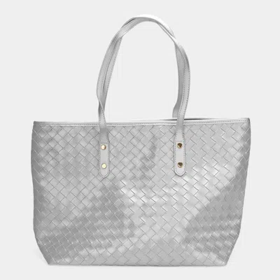 Fashnzfab Faux Leather Weave Tote Bag In Silver