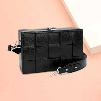 Fashnzfab Faux Leather Woven Square Box Crossbody Bag In Black