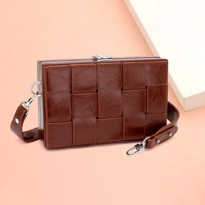 Fashnzfab Faux Leather Woven Square Box Crossbody Bag In Brown