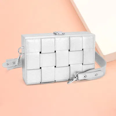 Fashnzfab Faux Leather Woven Square Box Crossbody Bag In Silver