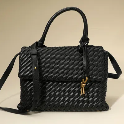 Fashnzfab Faux Leather Woven Structured Top Handle Handbag / Crossbody Bag In Black