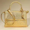 Fashnzfab Faux Leather Woven Structured Top Handle Handbag / Crossbody Bag In Gold