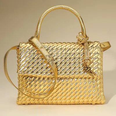 Fashnzfab Faux Leather Woven Structured Top Handle Handbag / Crossbody Bag In Gold