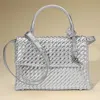 Fashnzfab Faux Leather Woven Structured Top Handle Handbag / Crossbody Bag In Silver