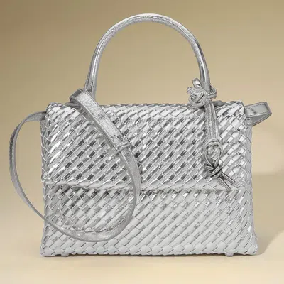 Fashnzfab Faux Leather Woven Structured Top Handle Handbag / Crossbody Bag In Silver