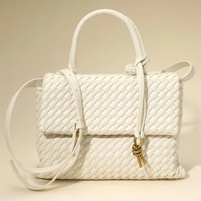Fashnzfab Faux Leather Woven Structured Top Handle Handbag / Crossbody Bag In White