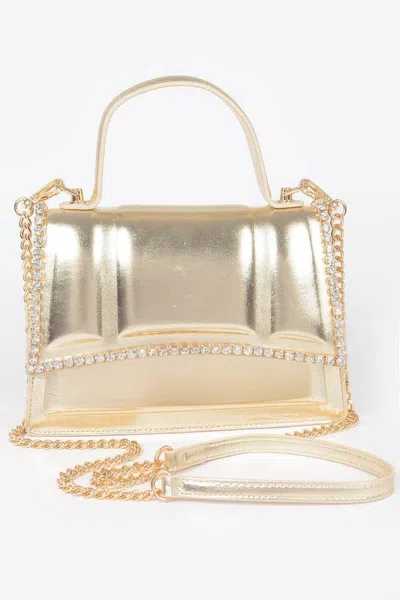 Fashnzfab Faux Metallic Leather Top Handle Bag/w Stones In Gold