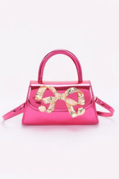 Fashnzfab Faux Mirror Leather Ribbon Metal Top Handle Bag In Pink
