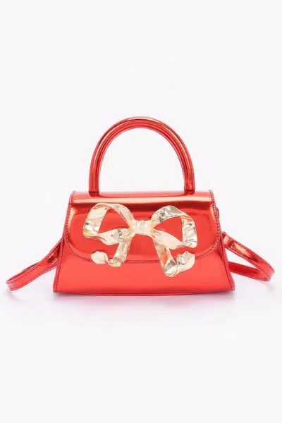 Fashnzfab Faux Mirror Leather Ribbon Metal Top Handle Bag In Red