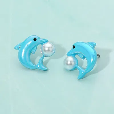 Fashnzfab Faux Pearl Accent Playful Dolphin Stud Earrings In Multi