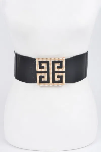 Fashnzfab Faux Pearl Buckle Stretch Belt In Black