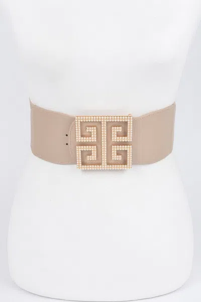 Fashnzfab Faux Pearl Buckle Stretch Belt In Brown