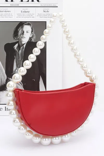 Fashnzfab Faux Pearl Handle Half Moon Bag In Red