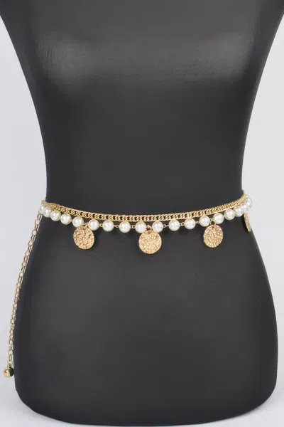 Fashnzfab Faux Pearl Round Metal Plus Size Chain Belt In Gold