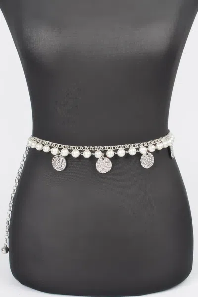 Fashnzfab Faux Pearl Round Metal Plus Size Chain Belt In Silver