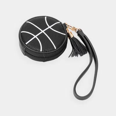 Fashnzfab Faux Pebble Leather Basketball Round Zip Wrist Strap Coin Purse Bag In Black