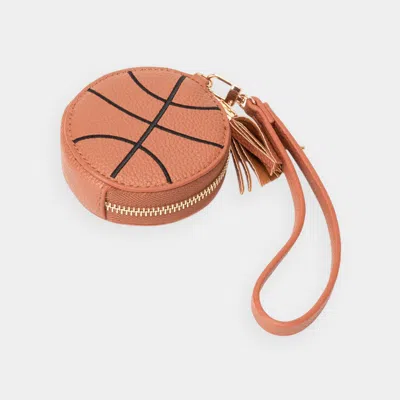 Fashnzfab Faux Pebble Leather Basketball Round Zip Wrist Strap Coin Purse Bag In Brown