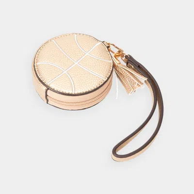 Fashnzfab Faux Pebble Leather Basketball Round Zip Wrist Strap Coin Purse Bag In Gold