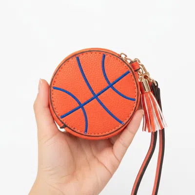 Fashnzfab Faux Pebble Leather Basketball Round Zip Wrist Strap Coin Purse Bag In Orange