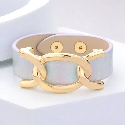 Fashnzfab Faux Sparkle Leather Metal Link Accented Snap Bracelet Ab, Gold In Blue